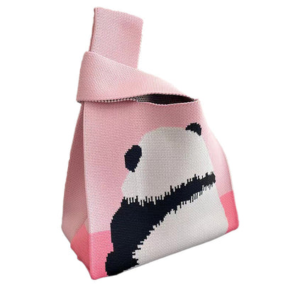 Ladies Girls Knit Bucket Bag Panda Bow Print Designs