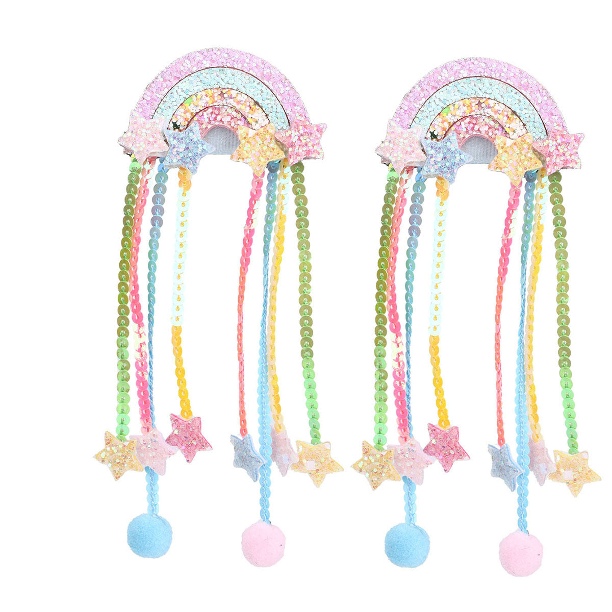 Girls Rainbow Pom Pom Hair Clips Glitter Stars and Tassel Ribbons Sweet Hair Accessories