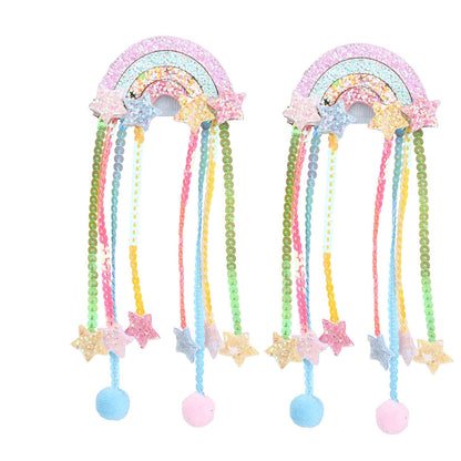 Girls Rainbow Pom Pom Hair Clips Glitter Stars and Tassel Ribbons Sweet Hair Accessories