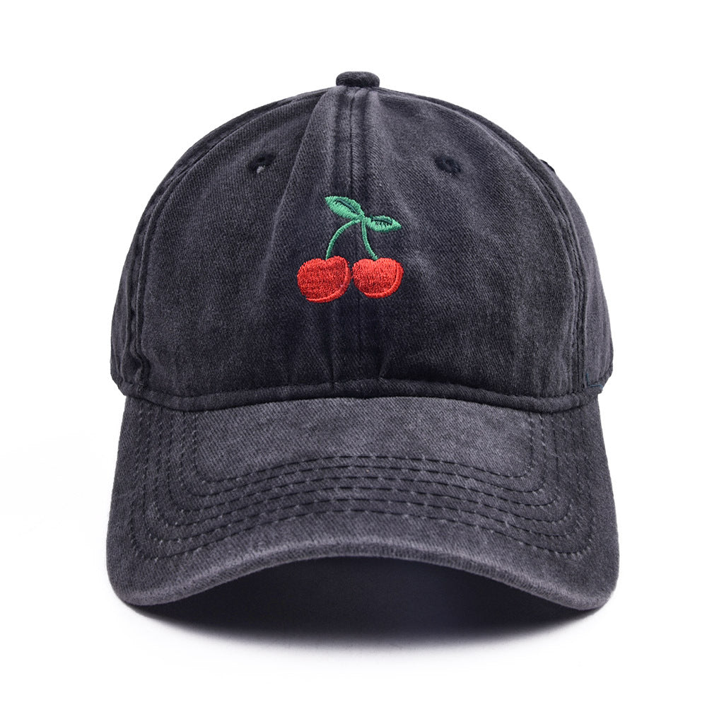 Vintage Washed Cherry Embroidered Baseball Cap For Adult & Big Kids