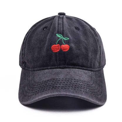 Vintage Washed Cherry Embroidered Baseball Cap For Adult & Big Kids