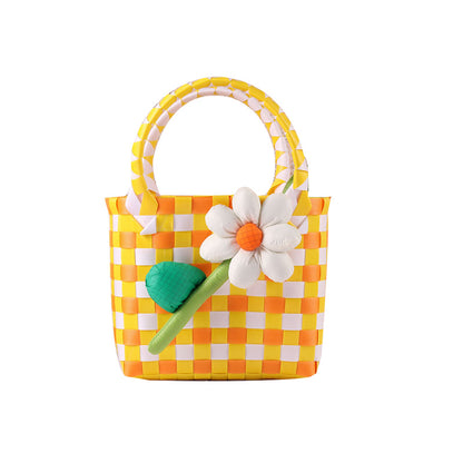 Kids' Woven Summer Colorful Checkered Flower Basket Bag