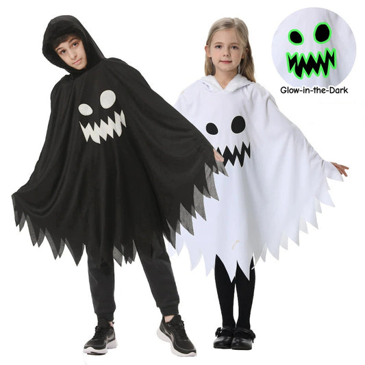Kids Glow in the Dark Ghost Costume Halloween White and Black Cape with Light-Up Face