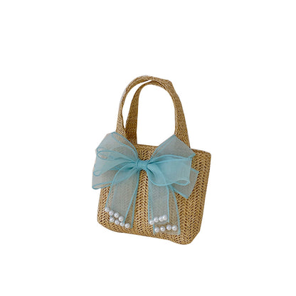Spring Summer Kids Strawberry Bow Flower Straw Crossbody Bag