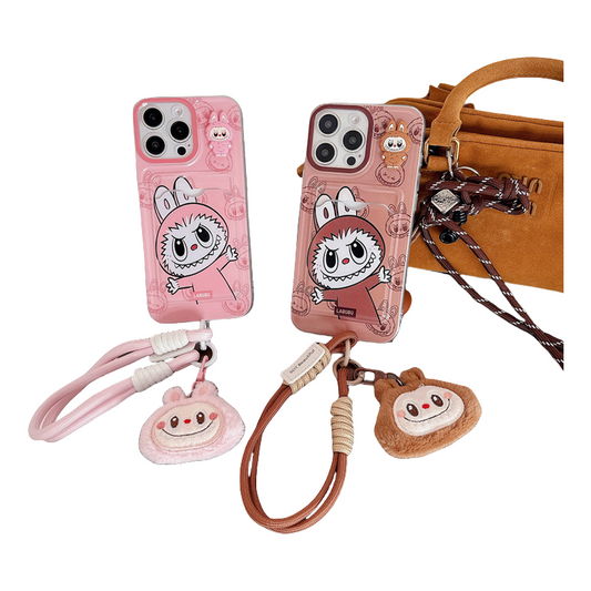 Cartoon Labubu Print Phone Case with Lanyard & Plush Labubu Charm, Shockproof for iPhone