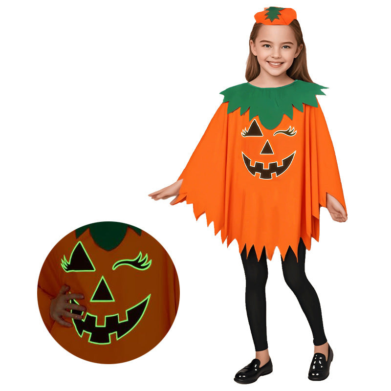 Glow-in-the-Dark Pumpkin Cape & Hat Set Halloween Costume for Adults & Kids