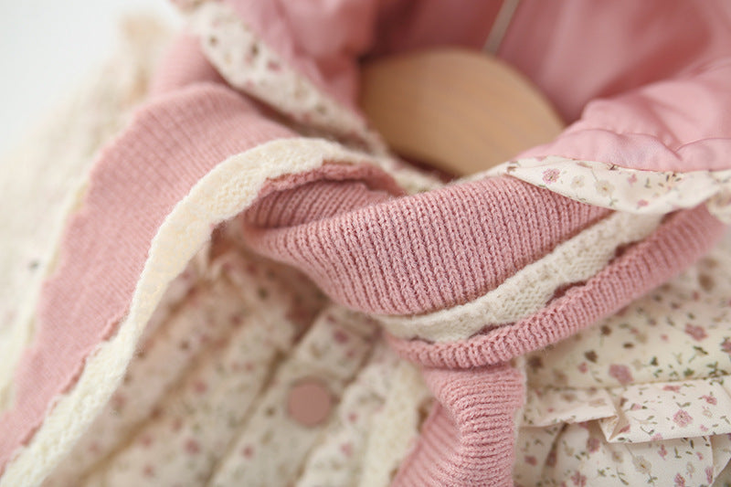Baby Girls Winter Padded Coat Hooded Floral Jacket with Scarf Thick Warm Cotton Jacket