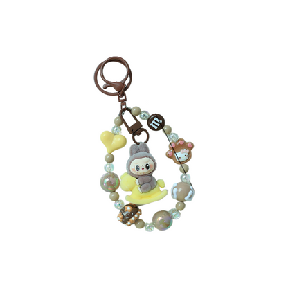 Flocked Labubu Keychain Rocking Horse Character Bag Charm Pendant with Chain