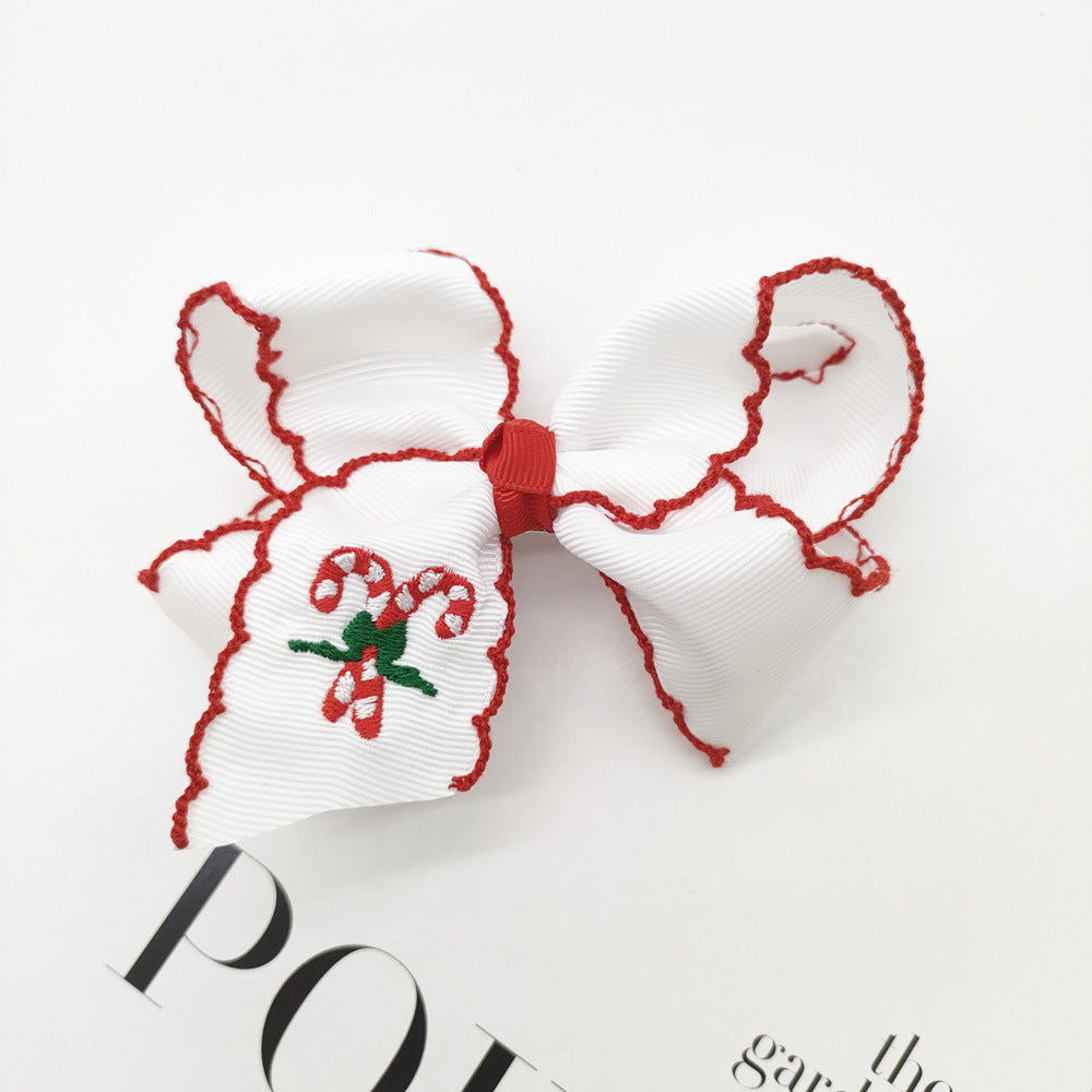 Christmas Santa Claus Candy Cane Embroidery Hair Clips Bow Hairpins Girls