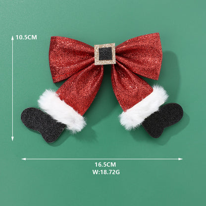 Christmas Glitter Bow Hair Clip with Santa Belt and Furry Trim Holiday Hair Accessory
