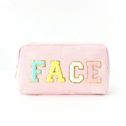 Corduroy Embroidered Makeup Bag with Letters, Portable Large Capacity Cosmetic & Toiletry Pouch