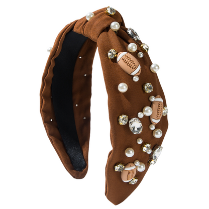 Thanksgiving Fall Autumn American Football Headband Seed Beads Rhinestones Pearl Knot