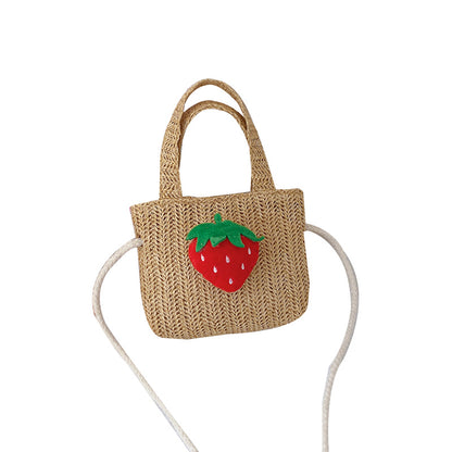 Spring Summer Kids Strawberry Bow Flower Straw Crossbody Bag