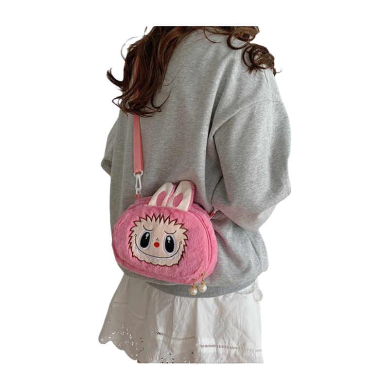 Kids Girls Labubu Soft Character Plush Crossbody Bag Faux Pearls Zipper Pull