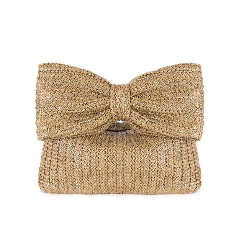 Bow Detail Woven Straw Clutch Handbag for Women