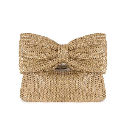 Bow Detail Woven Straw Clutch Handbag for Women