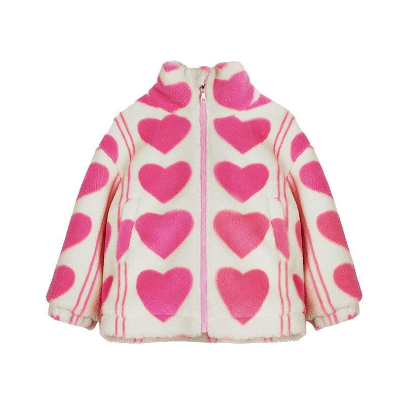Girls’ Sherpa Lined Zip-Up Hoodie – Valentine’s Heart Jacket