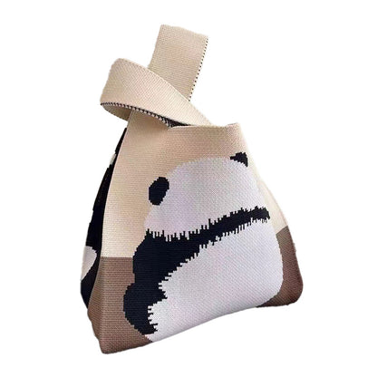 Ladies Girls Knit Bucket Bag Panda Bow Print Designs