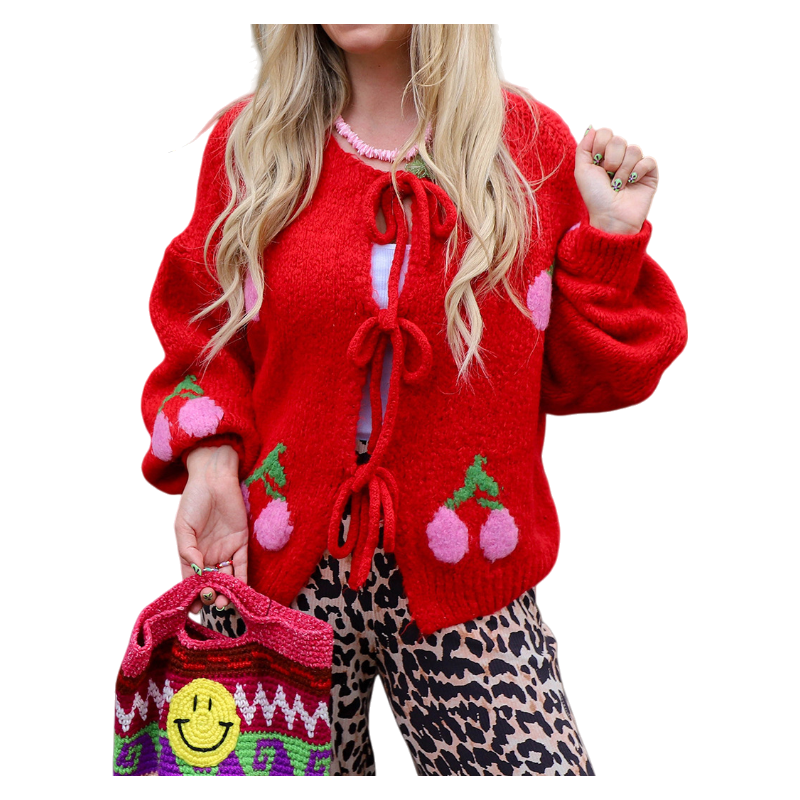 2026 Spring Cherry Embroidered Jacquard Knit Cardigan with Tie Front for Women