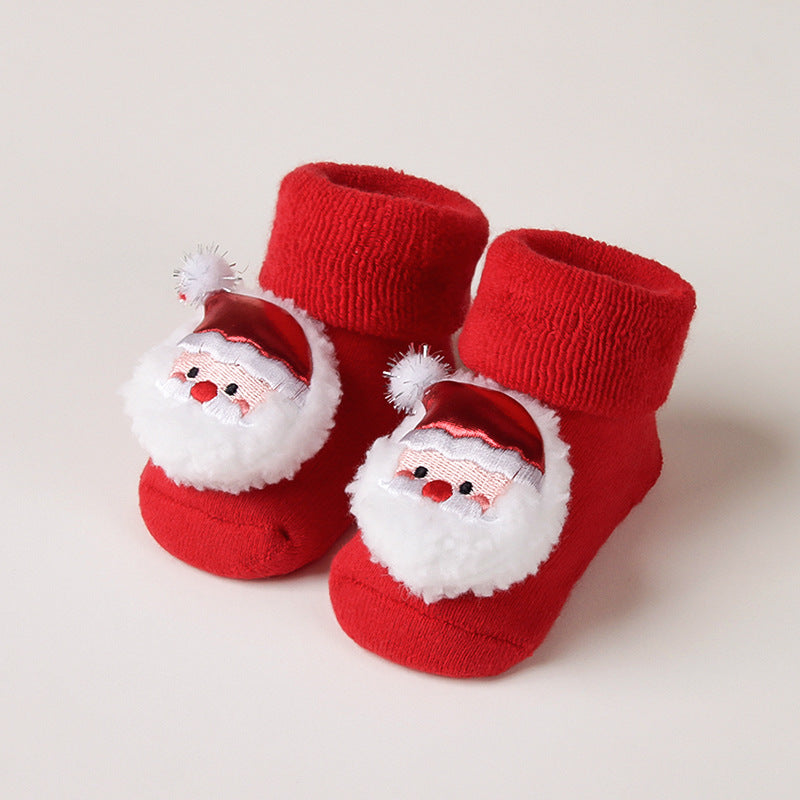 Newborn Baby Christmas Socks Red Combed Cotton Thick Fleece-Lined Non-Slip Floor Socks for Winter