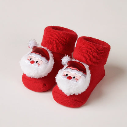 Newborn Baby Christmas Socks Red Combed Cotton Thick Fleece-Lined Non-Slip Floor Socks for Winter