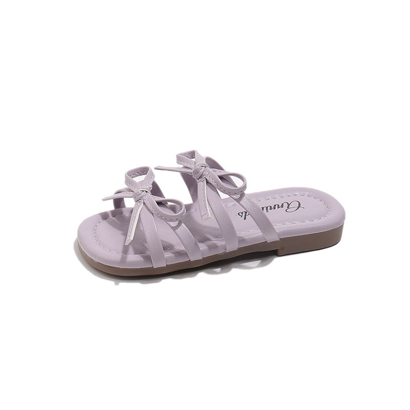 Girls' Sandals With Bow Design Soft Slip-On Slides In Past