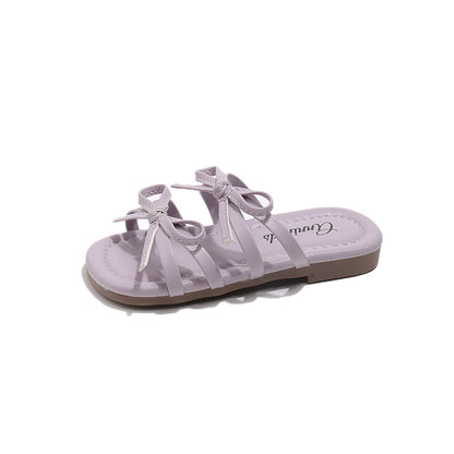 Girls' Sandals With Bow Design Soft Slip-On Slides In Past