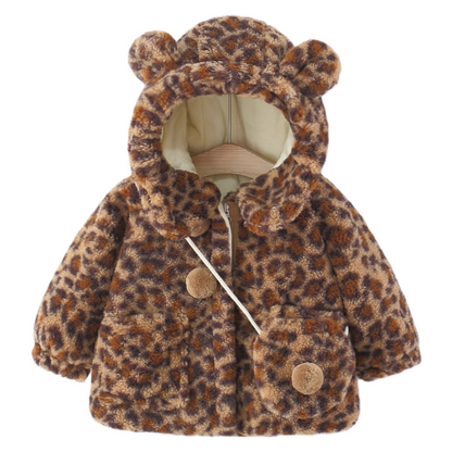 Girls’ Winter Leopard Print Hooded Jacket Thick Fleece-Lined Warm Coat for Toddlers and Kids