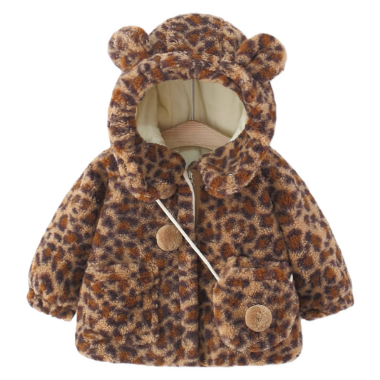 Girls’ Winter Leopard Print Hooded Jacket Thick Fleece-Lined Warm Coat for Toddlers and Kids