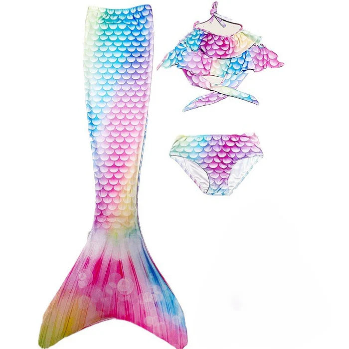 Girls Mermaid Tail Swimsuit Set – Gradient Scale Bikini Top & Mermaid Skirt for Kids, Beach & Pool Costume
