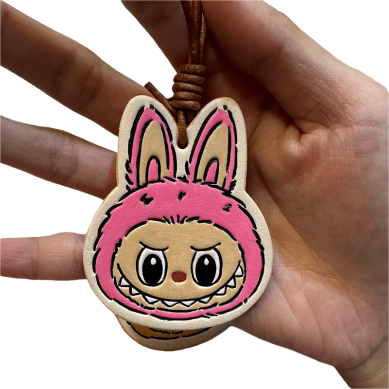 Handmade Leather Cartoon Bag Charm Cute Labubu Keychain Pendant