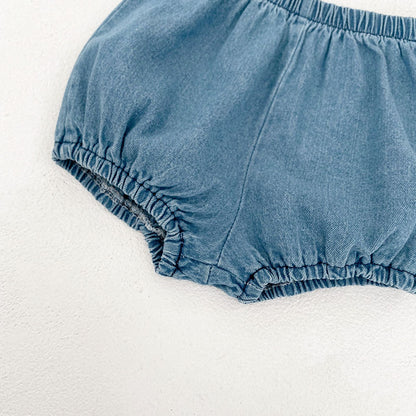 Baby Girls Embroidered Soft Denim Cotton Sleeveless Outfit Set