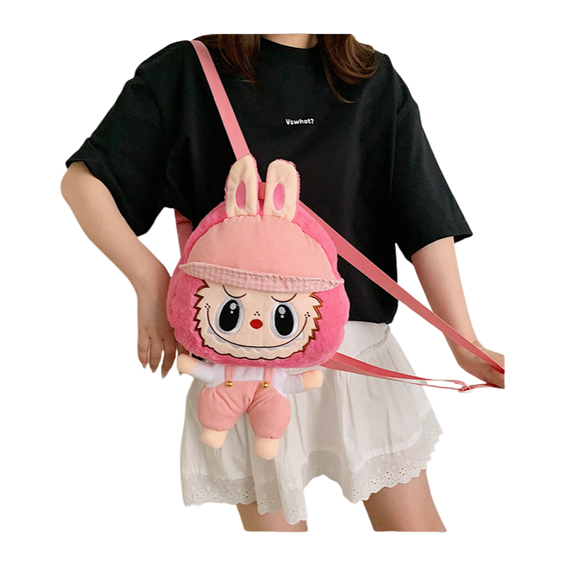 Kids Girls Labubu Hat Overall Soft Plush Backpack Character Doll School Bag