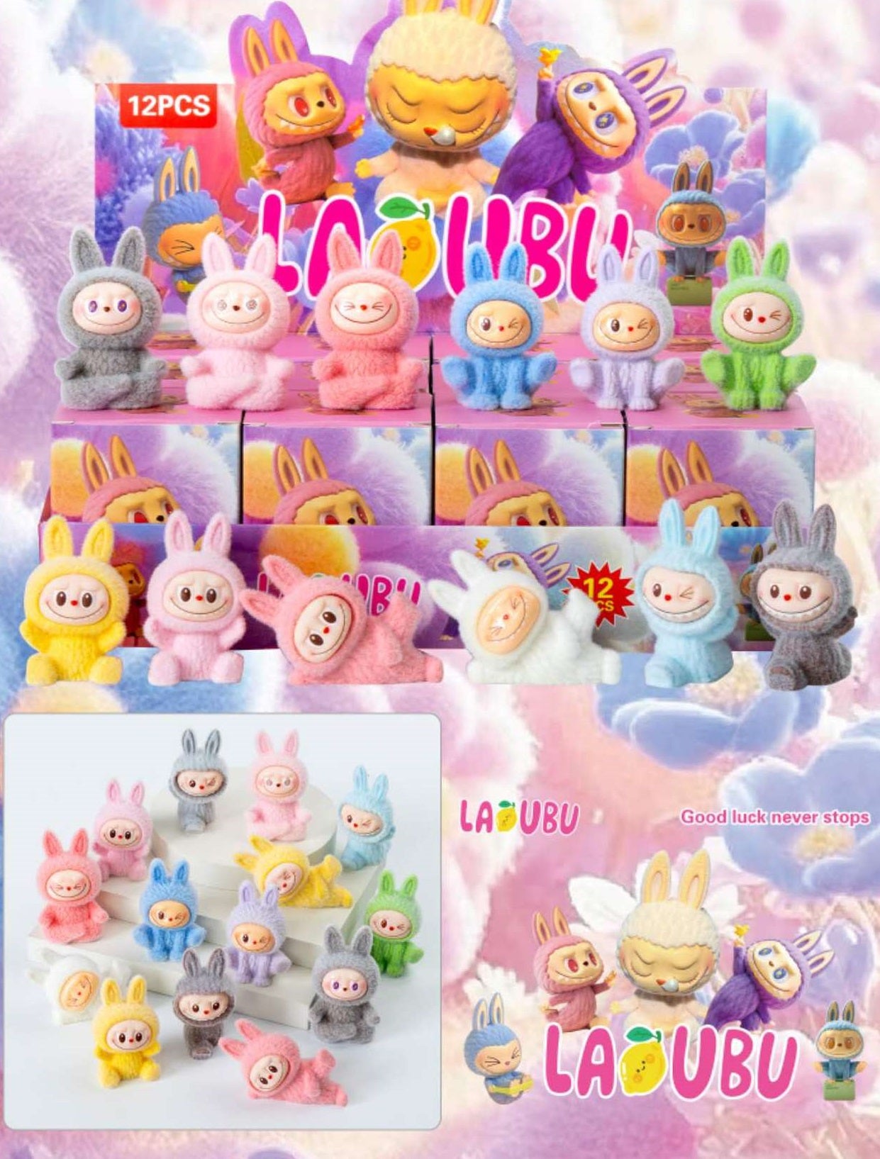 Labubu Flocked Vinyl Figure Halloween Collectible Toy Blind Box Surprise Trendy Desk Decor 12Pcs