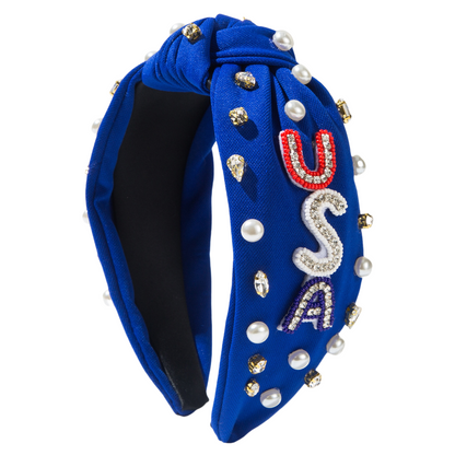 USA Flag Headband Letters Rhinestones Pearl Independence Day
