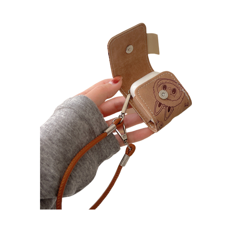 Leather Labubu AirPods Case with Lanyard Protective Cover Apple Wireless Bluetooth Earbuds