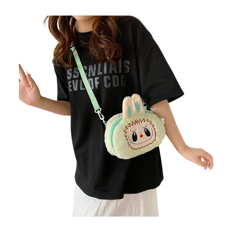 Kids Girls Labubu Soft Character Plush Crossbody Bag Faux Pearls Zipper Pull