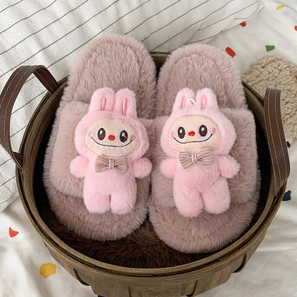 Kids Plush Slippers Fall/Winter New Labubu Stuffed Doll Tie-Dyed Unisex Cozy Non-Slip Slide Slippers