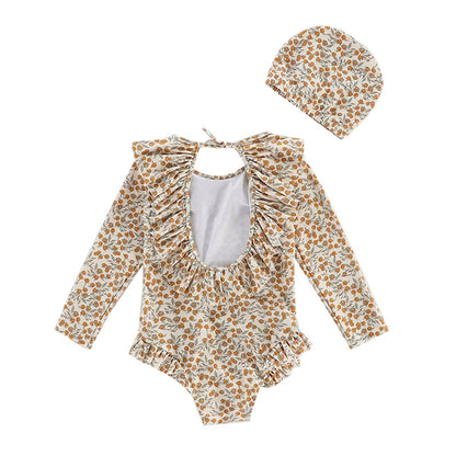 Girls' One-Piece Long Sleeve Swimsuit with Ruffled Hem