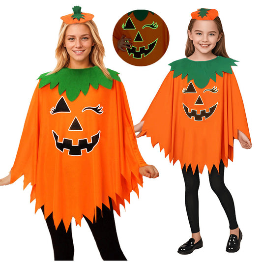 Glow-in-the-Dark Pumpkin Cape & Hat Set Halloween Costume for Adults & Kids