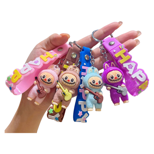Labubu Guitar Rocking Horse Keychain Cute Silicone Cartoon Bag Charm Pendant