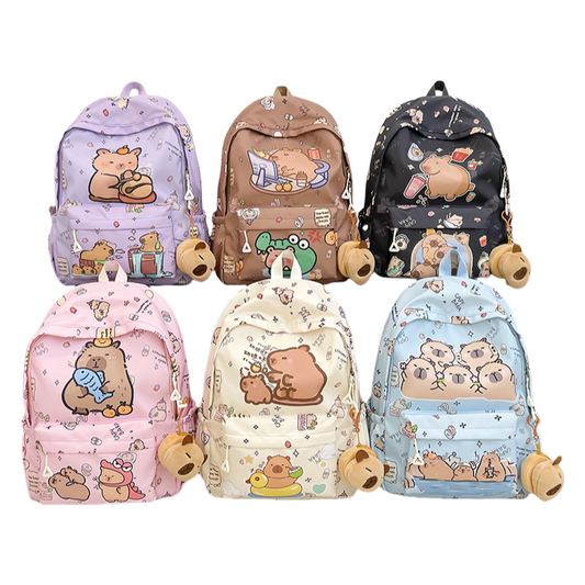 Capybara Print Trendy Print Large Backpack Back To School Bag With Plush Keychain