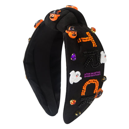 Halloween Fall Pumpkin Treat Skull Headband Seed Beads Rhinestones Pearl Knot
