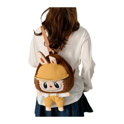 Kids Girls Labubu Hat Overall Soft Plush Backpack Character Doll School Bag