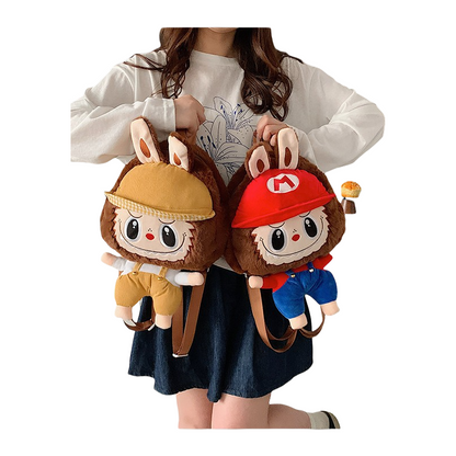 Kids Girls Labubu Hat Overall Soft Plush Backpack Character Doll School Bag