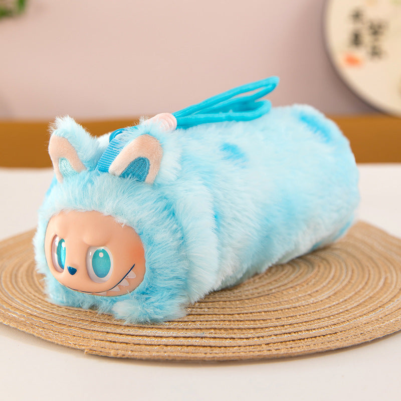Labubu Plush Lanyard Pencil Case, Cute Tie-Dye Plush Storage Pouch for Kids and Students
