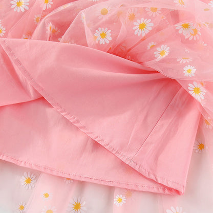 Girls Strapless Floral Daisy Print Mesh Layered Cake Dress