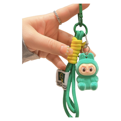 Flocked Labubu Resin Keychain with Cute Strap Plush Bag Charm Accessory