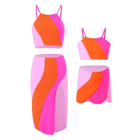 Pink and Orange Family Matching Swimsuits Color Block Style