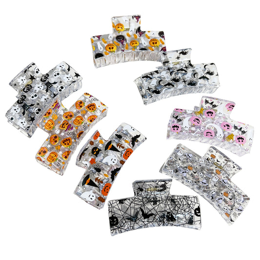 Halloween Pumpkin Bat Print Hair Claw Clip Square Shark Jaw Clip for Bun & Updo Hairstyles